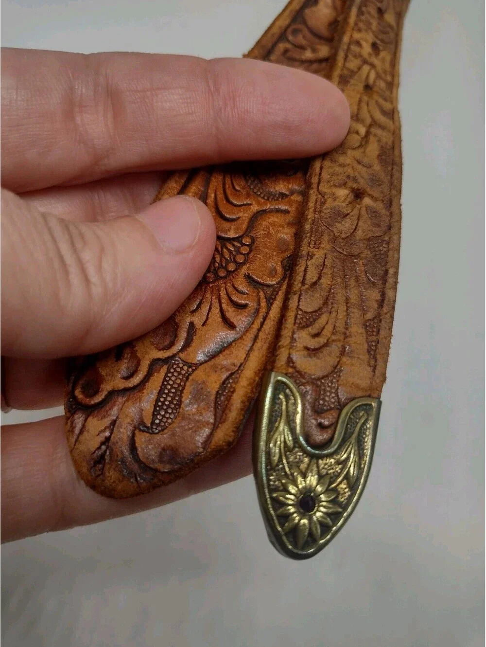 Vintage 80s Justin Western Ranger Belt Tooled Leather Brass Floral Red Stones 30